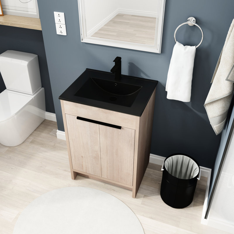 Armoire de salle de bain autoportante de 24 pouces avec lavabo en céramique noire et portes à fermeture en douceur - composant de meuble-lavabo aspect moderne en contreplaqué