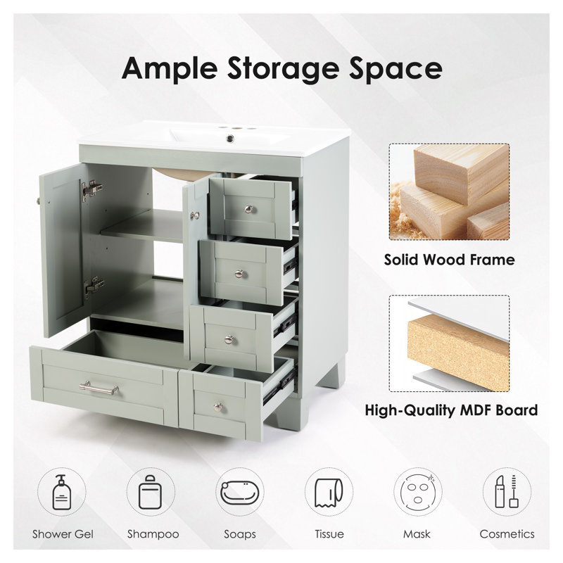 Meuble-lavabo bleu gris 30 po avec lavabo en céramique - Meuble-lavabo moderne en bois massif avec tiroirs à fermeture douce et rangement multi-organisateur