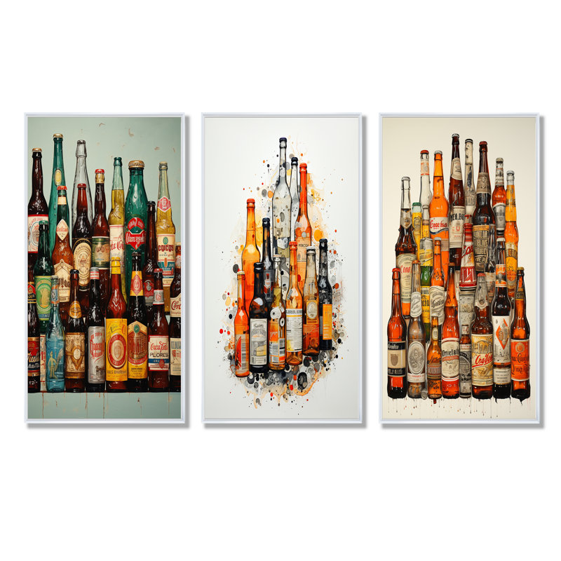 Collage de bouteilles de bière, H 28 po x l 36 po, Cadre flottant blanc