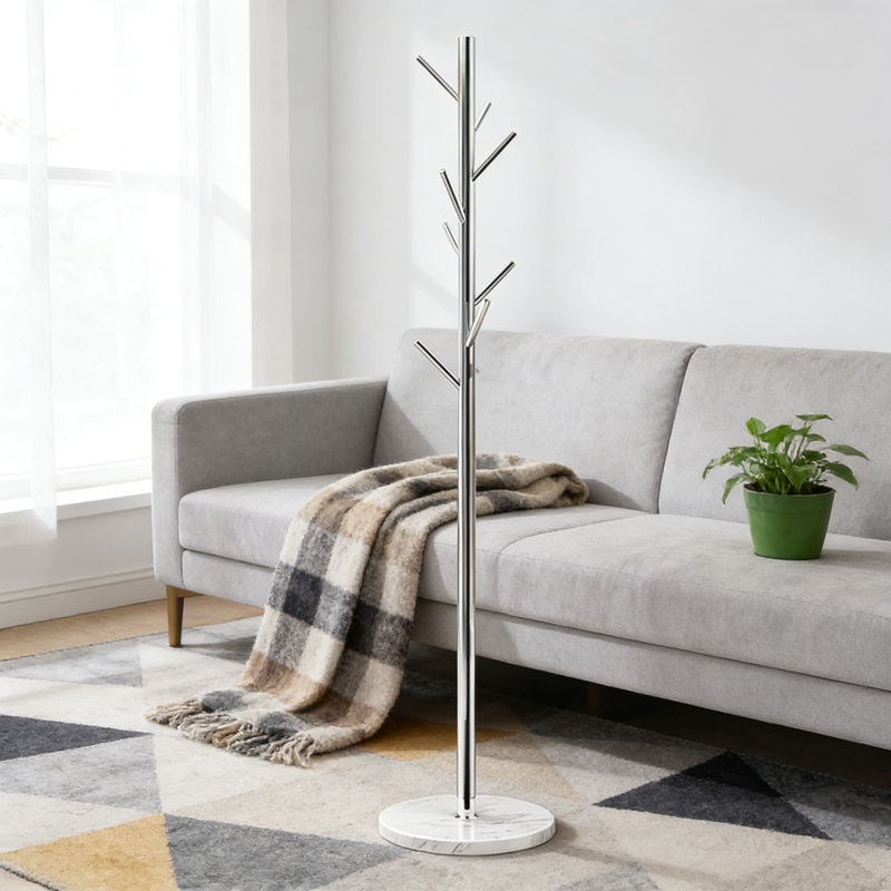 Freestanding Metal Coat Rack With Marble Base, 8 Hooks For Heavy Coats, Hats, And Bags, Easy Assembly For Entryway, Bedroom, Or Office