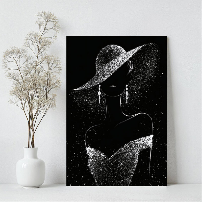 «Digital Glitter Elegant Woman Silhouette in Sparkling Hat & Dress», art mural toile tendue avec cadre intérieur en bois massif, prête à être accrochée