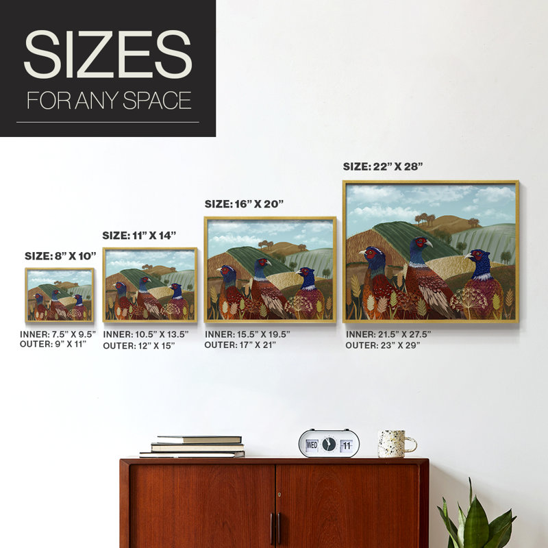 Trio de faisans dans un champ - Reproduction encadrée - Restickable, H 11 po x l 14 po, Or