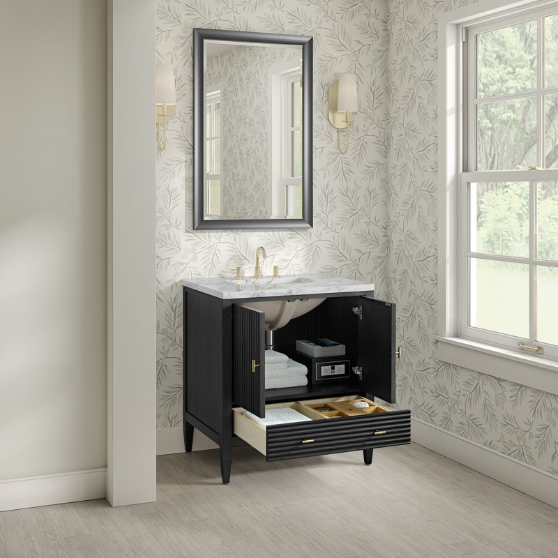 Myrrin 30" W Single Vanity, Carrara Marble, Carbon Oak, 8" Widespread