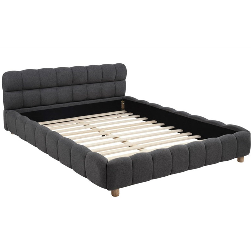 Lit plateforme tapissier en tissu pour style moderne, profil bas, motif quadrillé, matériaux, assemblage requis, structure profilée, tissu de revêtement en jute