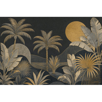 Dark Tropical Landscape Wallpaper Palm Trees Gold Sun Removable Wall Decor