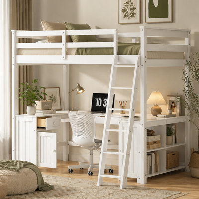 Twin over Queen House Bunk Bed with Climbing Nets and Climbing Ramp, White