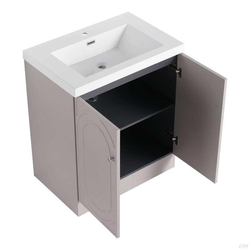 Meuble-lavabo autoportant avec lavabo en résine blanche et 2 portes d'armoire à fermeture en douceur (emballage KD), Kaki