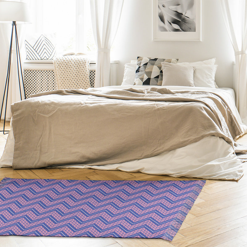 Tapis bleu/rose à chevrons à main, Non