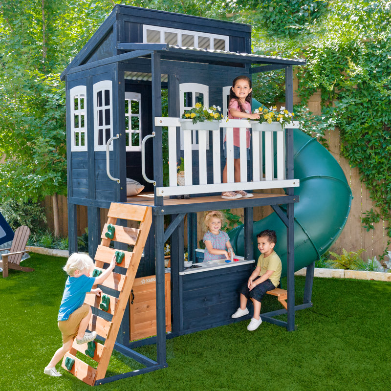 Cozy Escape Wooden Outdoor Two-Story Playhouse with Tube Slide, Kitchen, Rock Wall and Bench - Navy