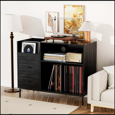 Support pour tourne-disque avec tablettes réglables, peut contenir plus de 350 vinyles, console multimédia avec tablette de haut-parleur et 2 tiroirs, meuble télé 27,6 pouces pour salon, chambre à coucher