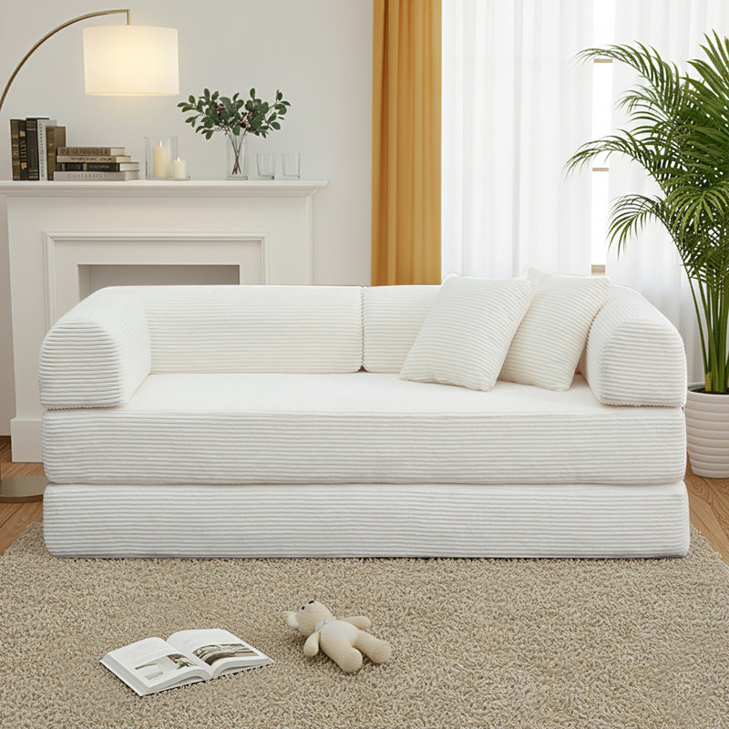 63" Compression Convertible Sleeper Futon Sofa Bed, 4-in-1 Corduroy Upholstered Floor Couch with 2 Pillows, No Assembly Required