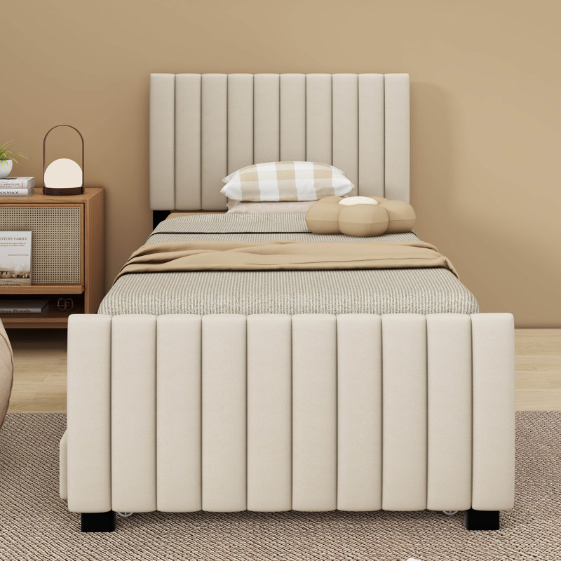 Viccky Twin Size Velvet Upholstered Platform Bed with Twin Size Trundle, Beige