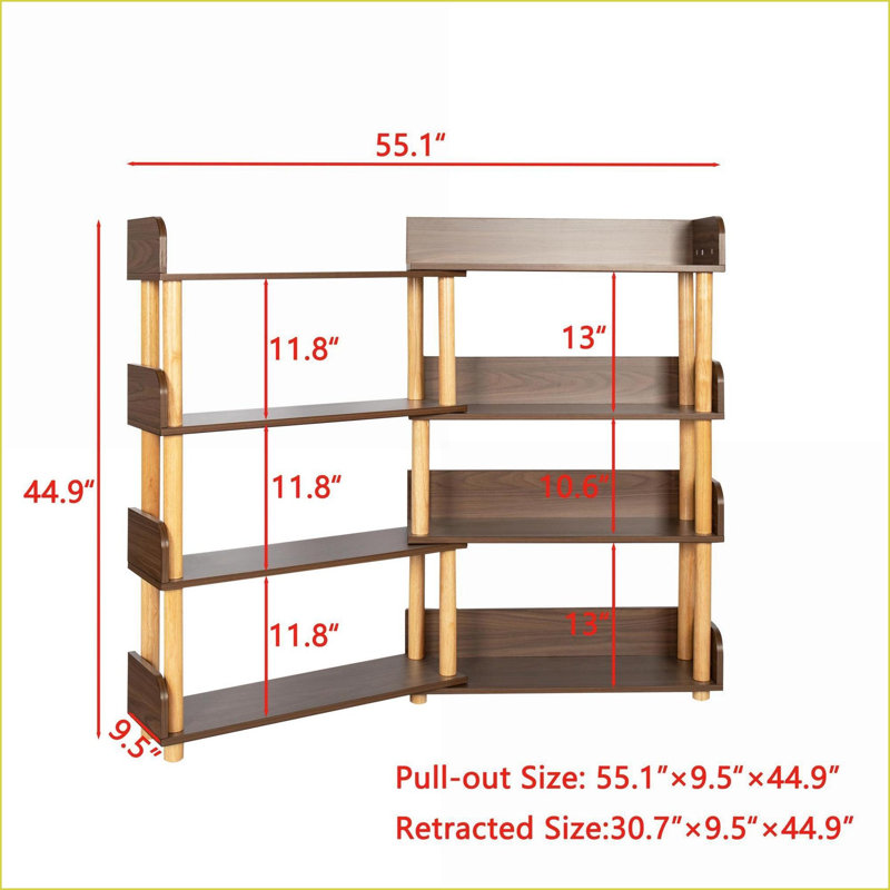 Bookshelf, Rustic Walnut Brown Retractable &amp; Rotatable Corner Bookcase | Solid Wood+MDF | 4-Tier Space Saving Storage