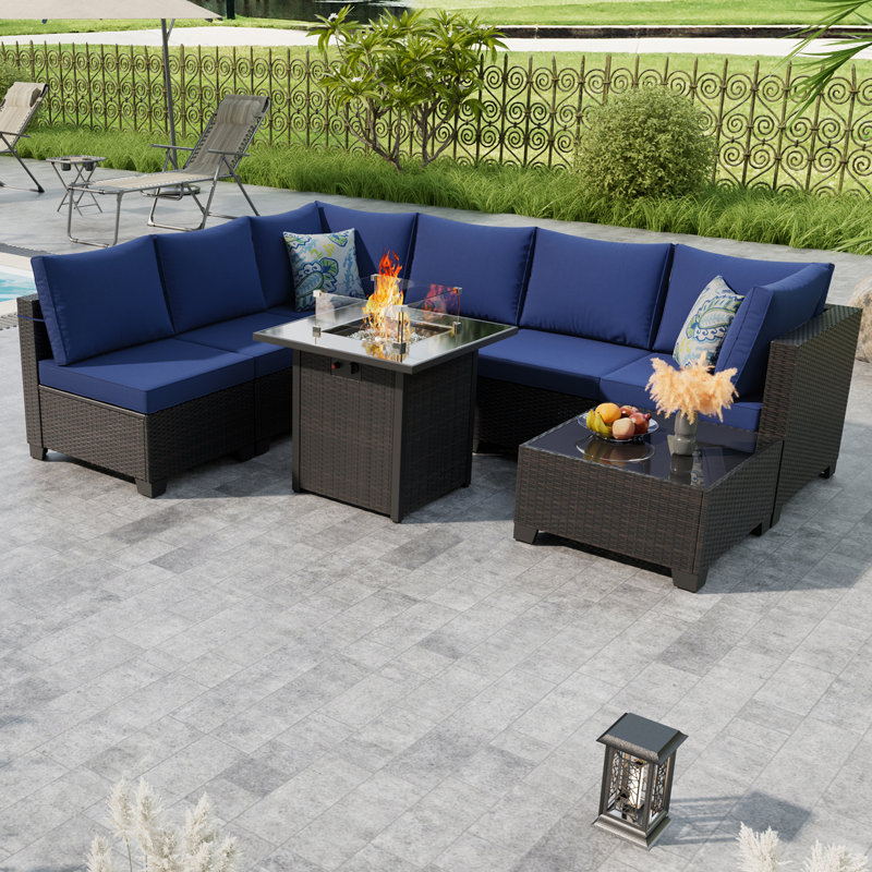 8 Pieces Patio Furniture Set With Fire Pit Table, Includes Splashproof Anti-Slip Cushions - Perfect For Outdoor, Deck, Garden, Poolside