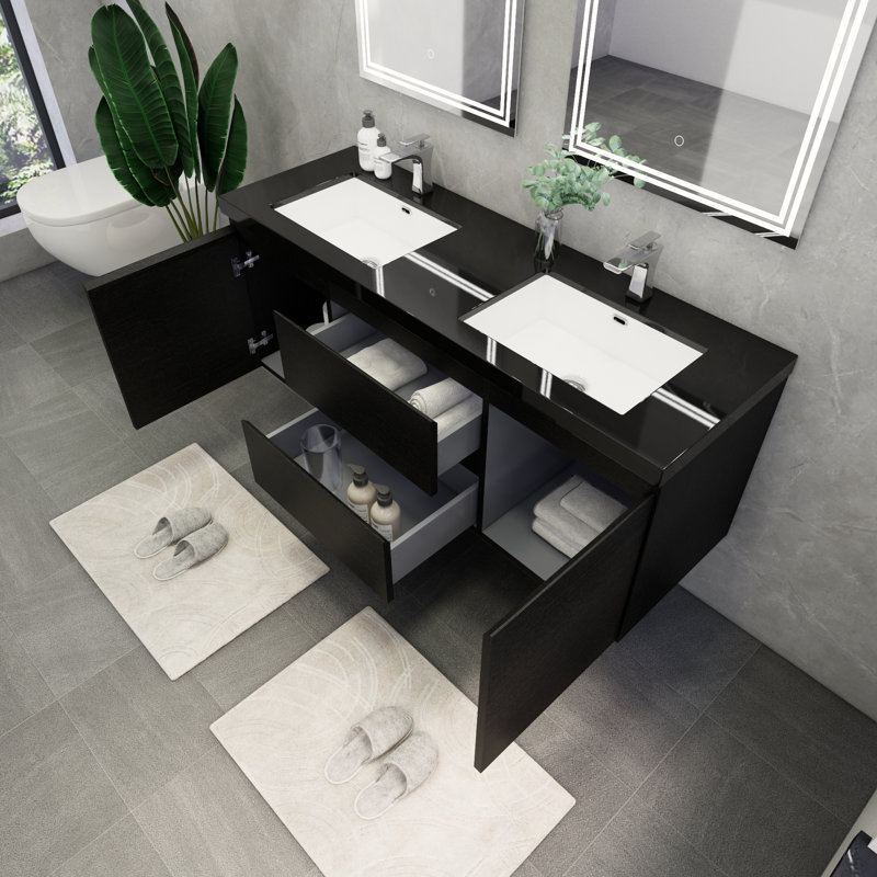 Castin 60" Wall-Mounted Double Bathroom Vanity Set, Rich Matt Black