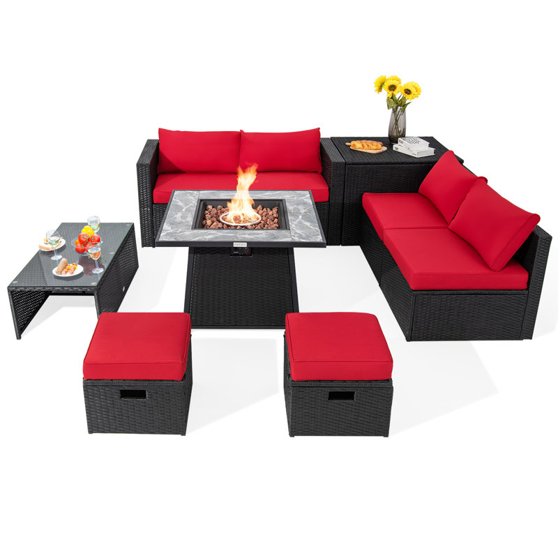 Ensemble de conversation d'extérieur pour 6 personnes avec coussins Saabir, Noir, Rouge