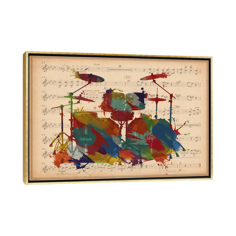 #2 de tambours multicolores sur une feuille de musique-impression d’art graphique, Pas de tapis, Toile encadrée d'or