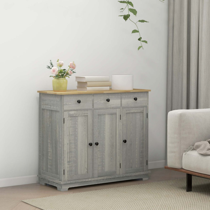 Buffet de cuisine moderne avec comptoir en bois massif, 3 tiroirs, portes et tablette réglable, Gris clair