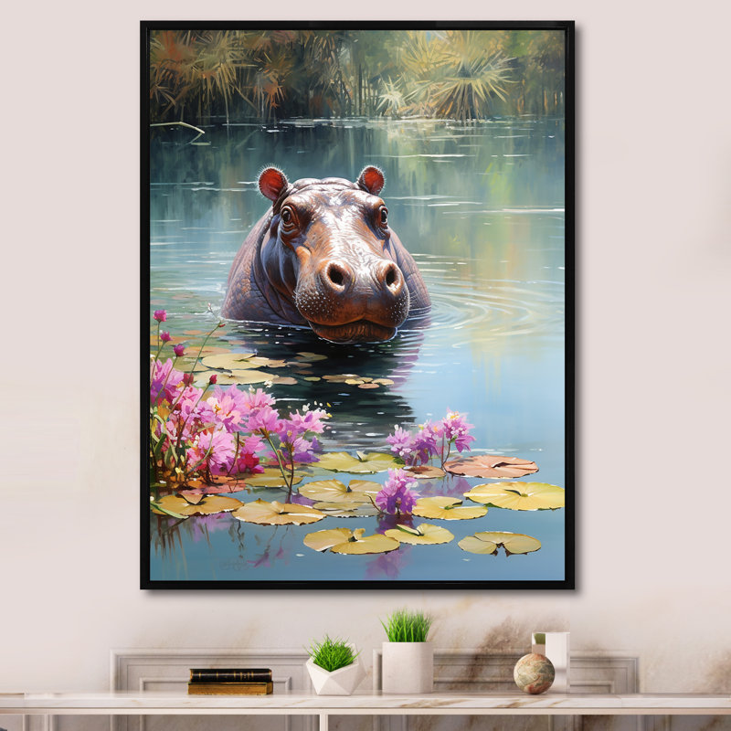 Art mural africain, Hippopotames d'Afrique - Hippopotame, Black Picture Framed, 20" H x 12" W