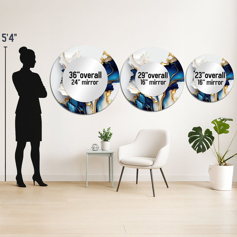 Storz Abstract Geode Gold And Blue Marble Shape III - Marble Mirror, Blue Round Decorative Wall Mirror, Printed Metal Art