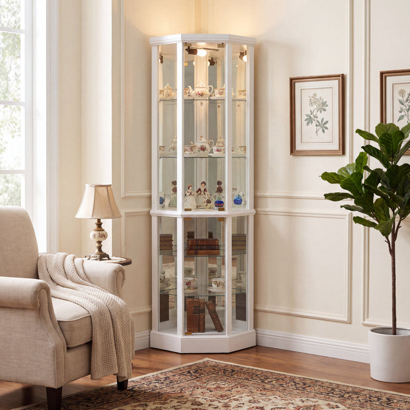 Vitrine de coin lumineuse avec portes en verre et tablettes en verre, Blanc doux