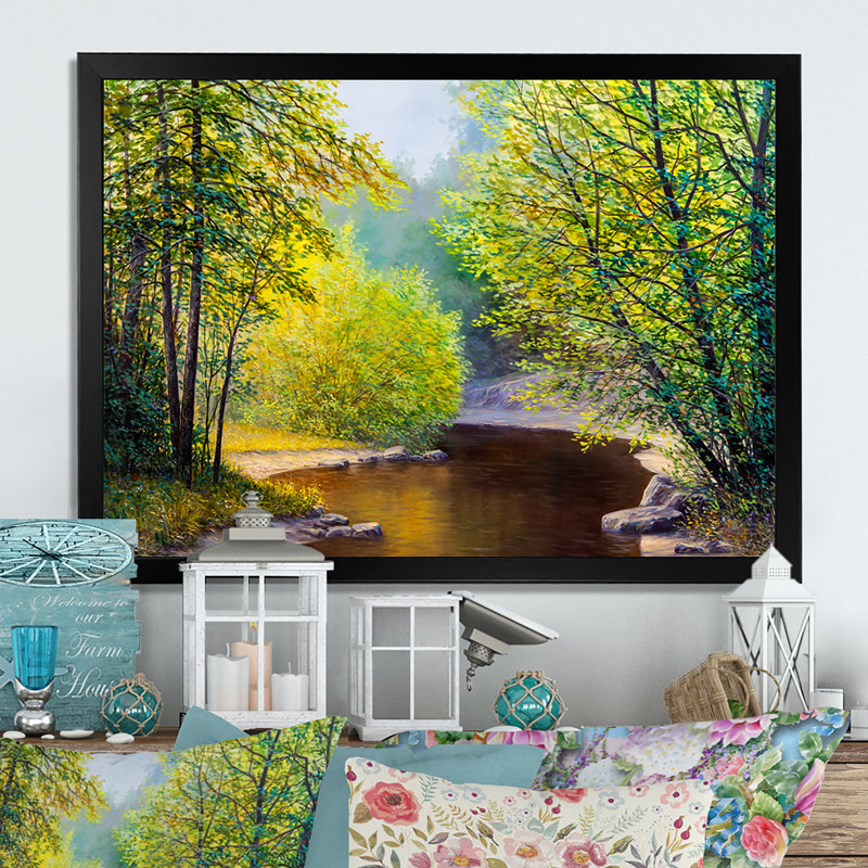 Rivière au printemps, paysage III - œuvre d'art traditionnelle sur toile, Impression noire sur toile encadrée