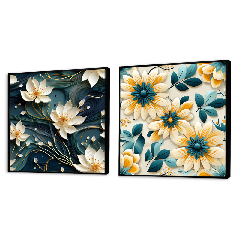 Ensemble de 2 collages carrés floraux zen jaune et blanc, Cadre flottant noir, H 16 po x l 33 po