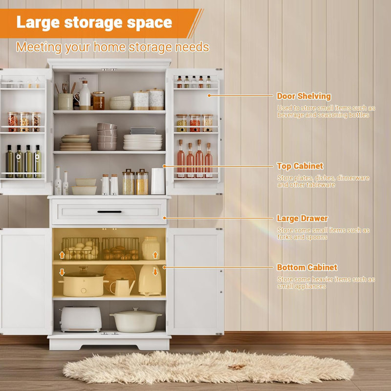 Armoire de cuisine de 72 pouces de hauteur avec 4 tablettes réglables, Blanc