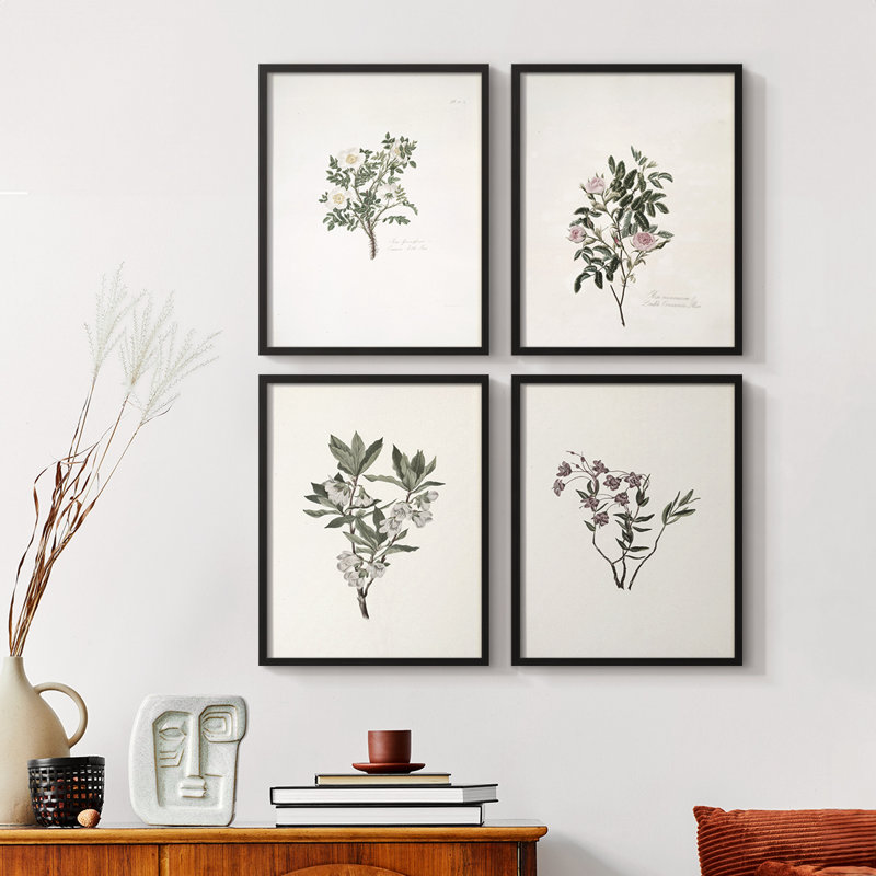 «Vintage Floral Print», impression encadrée CCI - ensemble de 4, H 32 po x l 10 po, Noir