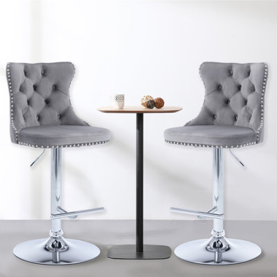 Swivel Barstools with Nailheads Trim, Velvet Button Tufted Back & Golden Footrest, Adjustable Counter Height