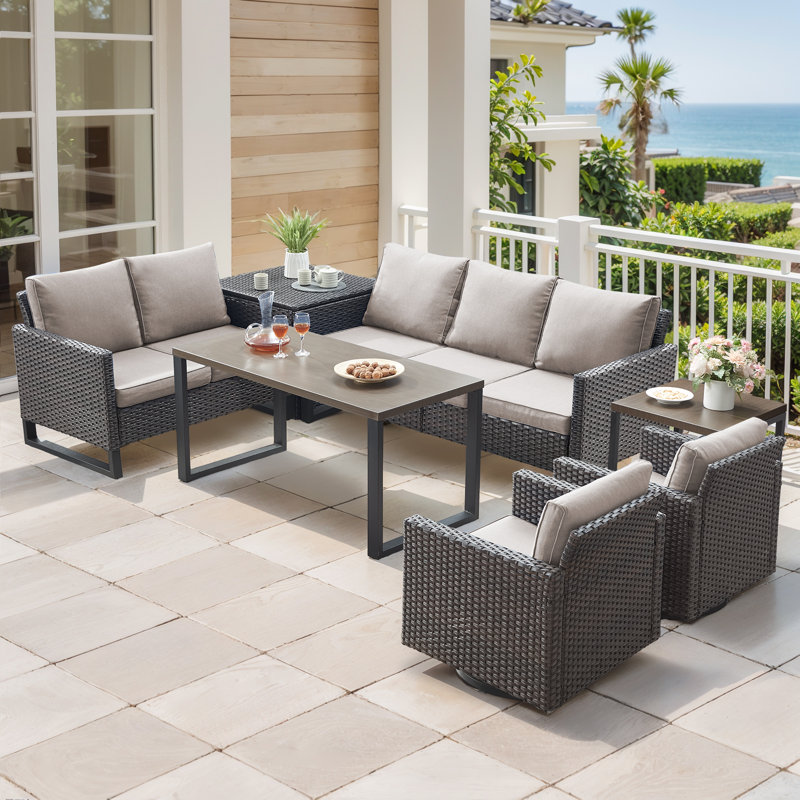 Ensemble de conversation d'extérieur en osier pour 5 personnes avec chaises pivotantes et table basse Ingvald, Beige
