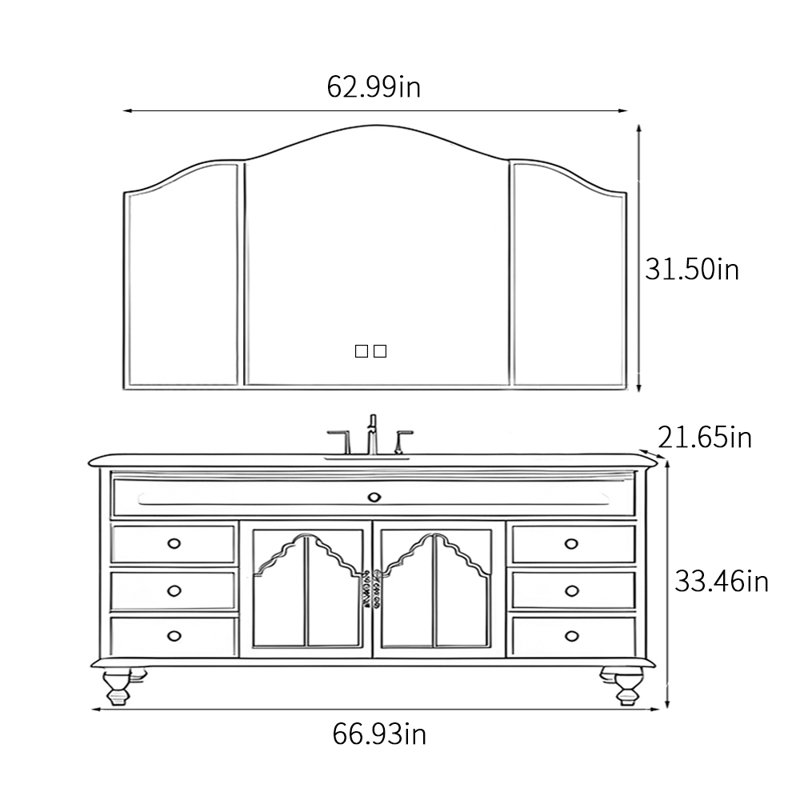 Armoire de salle de bain sur pied de style rétro français, H 33,46 po x l 66,93 po x P 21,65 po, Noir