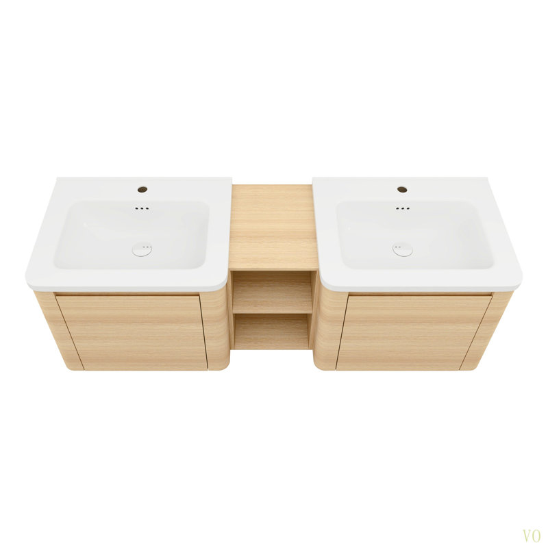 Meuble-lavabo mural 60 po avec lavabo en céramique et tablettes de rangement et 2 portes à fermeture en douceur, emballage KD, contreplaqué