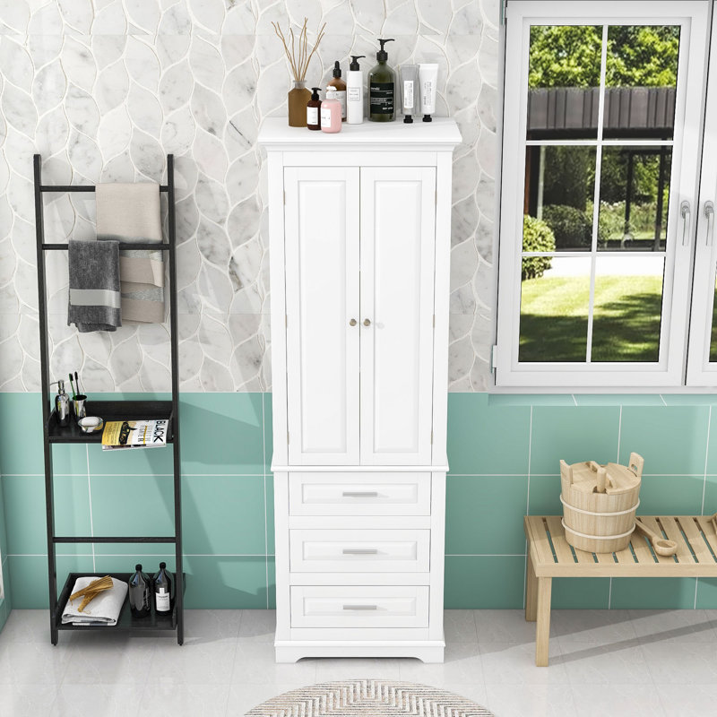 Tall Storage Cabinet with 3 Drawers and Adjustable Shelves for Bathroom or Kitchen, White