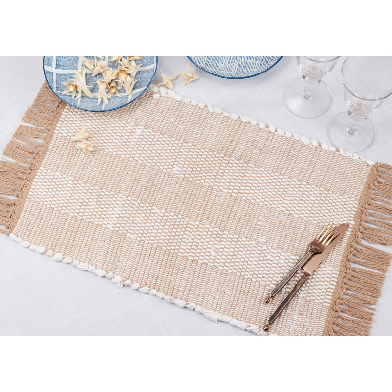 Natural Cotton Striped Chindi Placemats with Fringed Edges, Set of 4