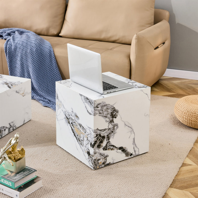 Table basse moderne et moderne en bois aggloméré blanc avec motif d'autocollants