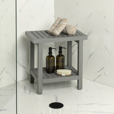 Armin 18" Modern Grey Acacia Wood Shower Stool with Storage Shelf, Heavy Duty Slatted Bath Spa Bench for Bathroom, Shower & Entryway