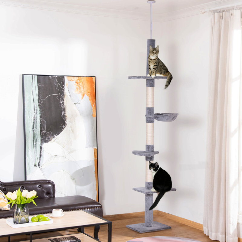 9' Adjustable Height Floor-To-Ceiling Vertical Cat Tree - Grey And White
