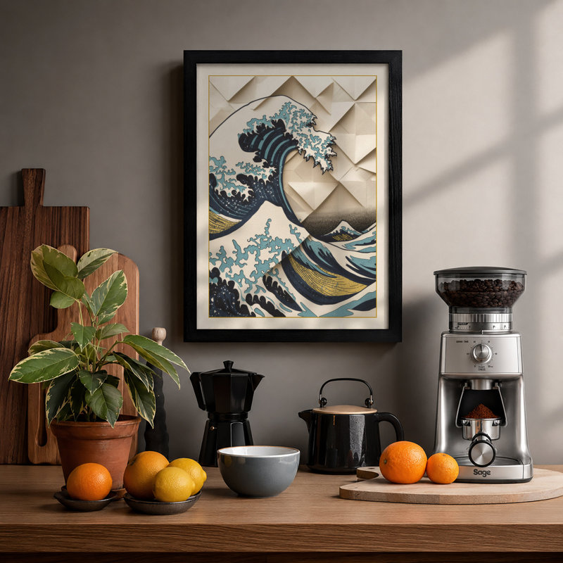 Wave And Geometry Japandi - Print, A2 - 59.4 x 42.0 cm, Black