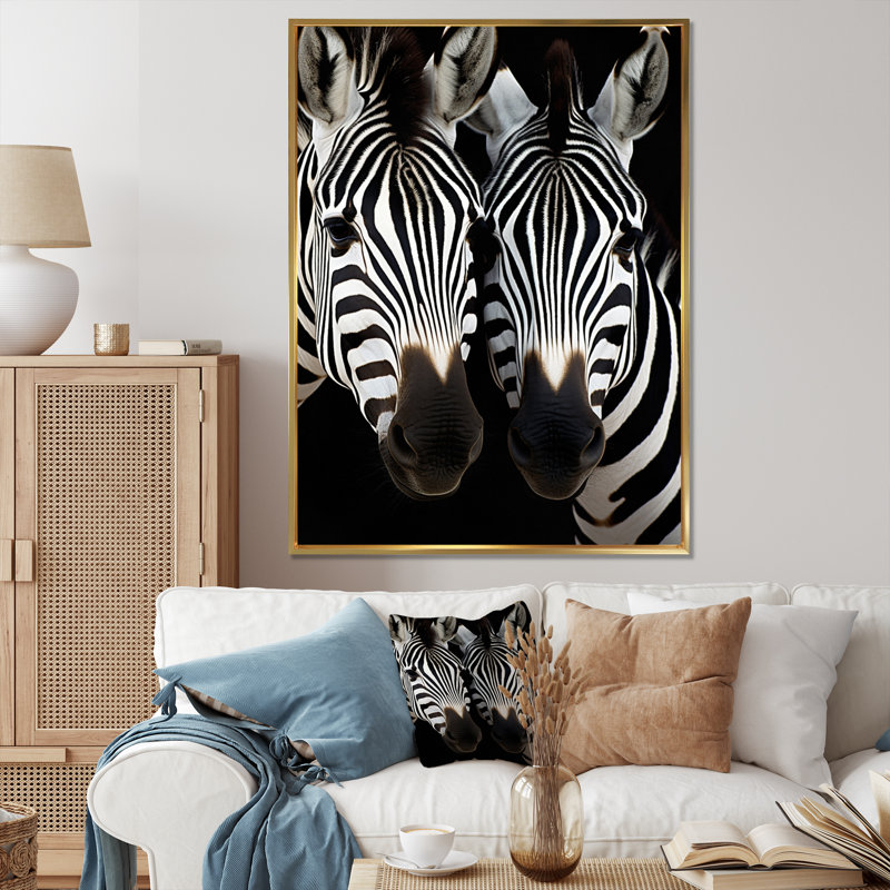 Portrait de zèbre noir et blanc en duo, Doré, H 32 po x l 16 po x P 1 po