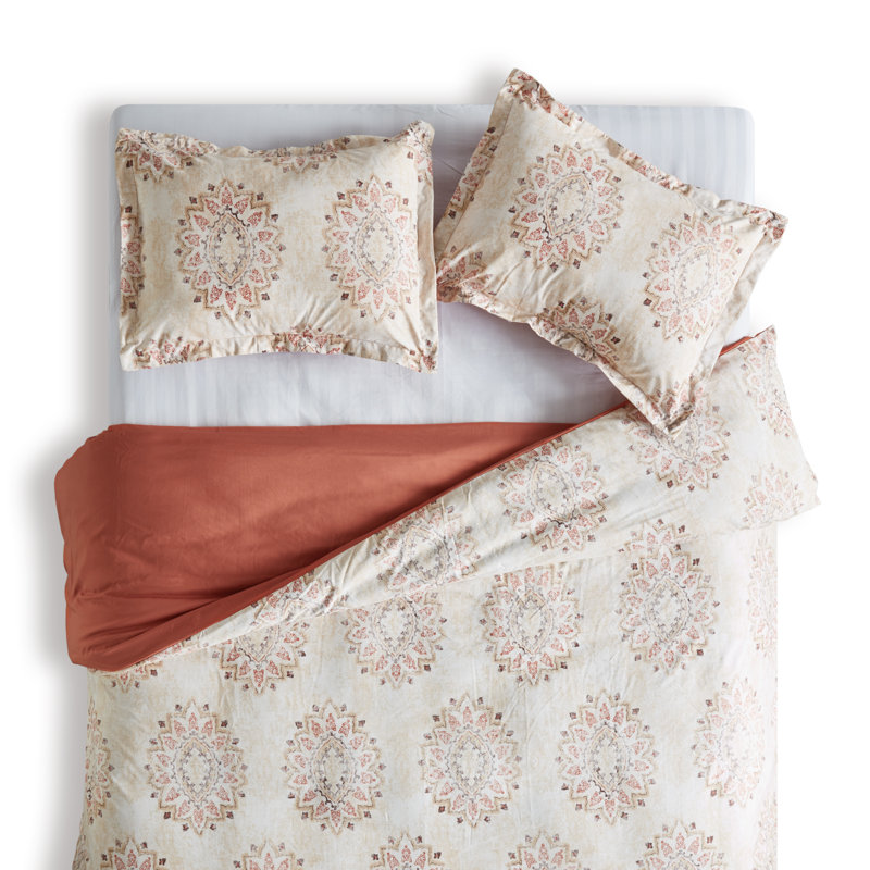 Twill Floral Duvet Cover, Damask Pattern Orange, Full/Queen Duvet Cover + 2 Standard Shams