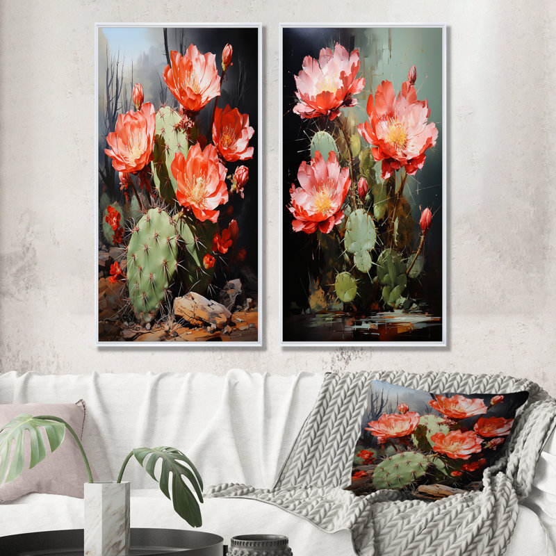 Cactus Ruby Blooms - Cactus, ensemble de 2 reproductions d'art sur toile, Cadre flottant blanc, H 40 po x l 41 po