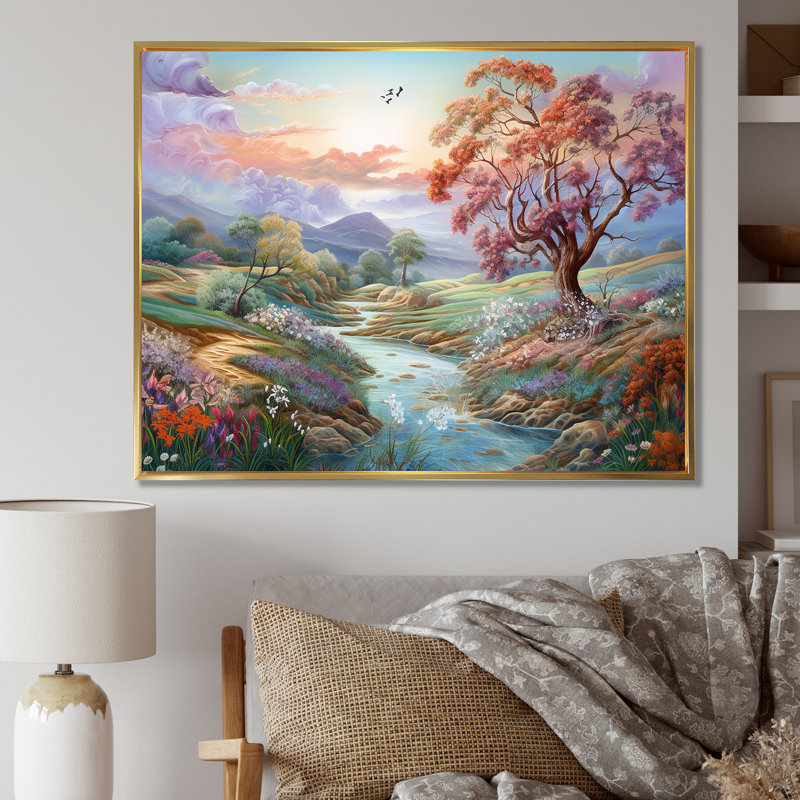 Paysage campagne charmante - décoration murale campagne, Cadre flottant doré, H 12 po x l 20 po x P 1 po