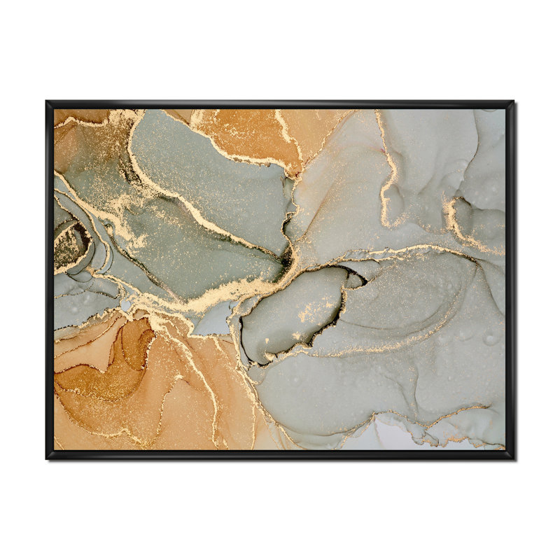 «Brown Luxury Abstract Fluid Art VI», peinture sur toile, H 24 po x l 32 po x P 1 po, Cadre flottant noir