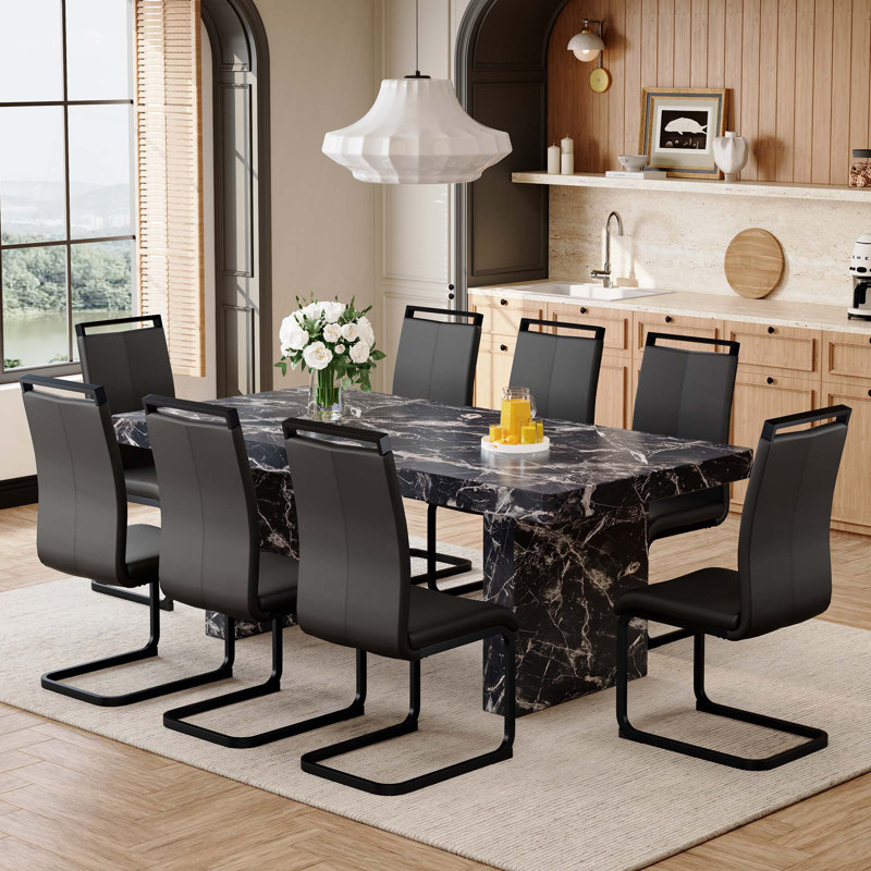 Table de salle à manger luxueuse à motif de marbre, jumelée à 8 chaises avec pieds en métal, Noir