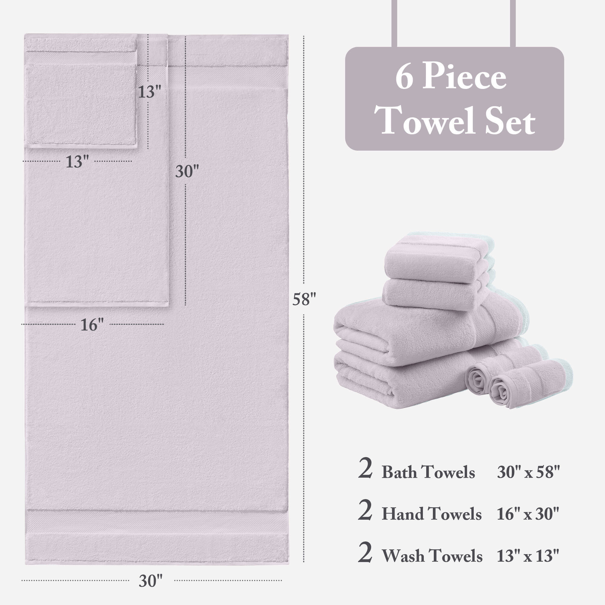 Turkish 100% Cotton Oversized Quick Dry Highly Absorbent Towel Set, Lavender, 6 Piece Towel Set