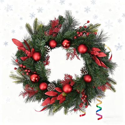 Couronne de Noël de 23,5 pouces, couronnes de pin Norfolk pour la porte d'entrée avec boule argentée, feuilles scintillantes, tiges de pommes de pin, baies pour décorations de Noël, fenêtres murales, décorations intérieures et extérieures
