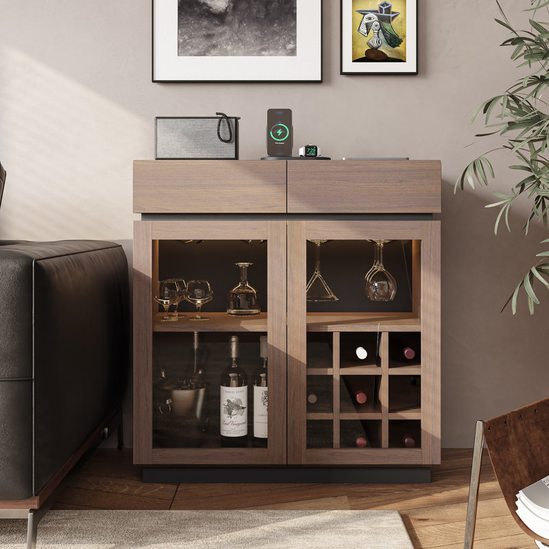 Mini Wine Bar Cabinet With Led Lights, Wine Storage Cabinet With Removable Wine Rack, Glass Holders, 2 Drawers, Charging Ports, Modern Bar Coffee Station Whiskey Liquor Cabinet For Home And Office