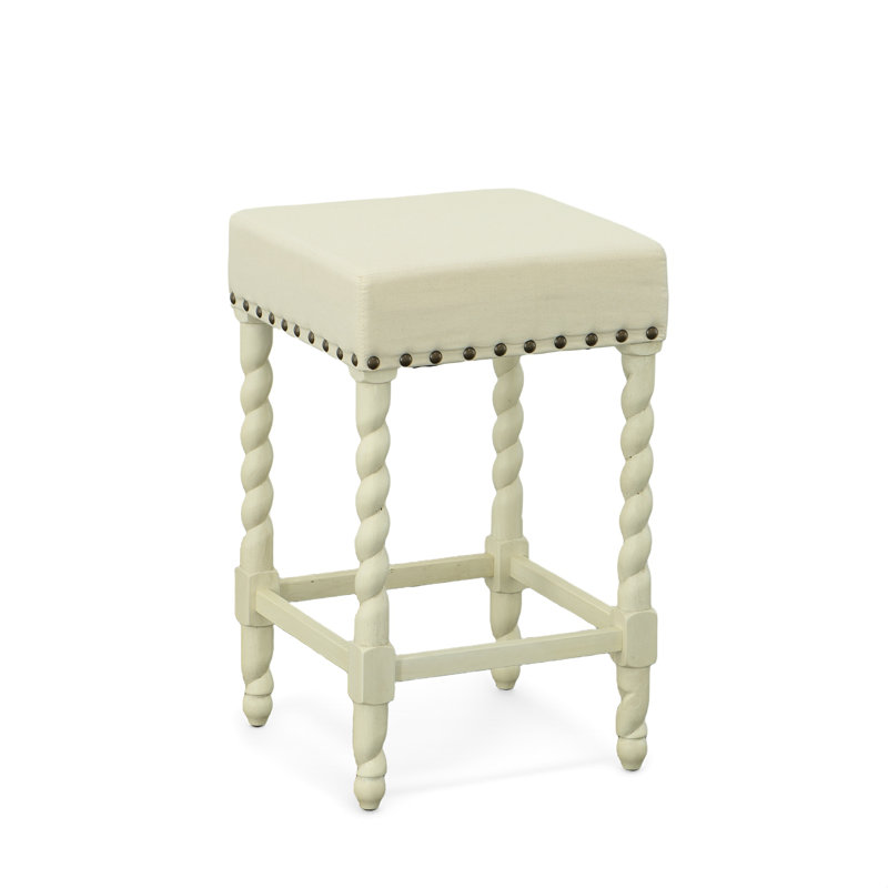 Élégant tabouret de comptoir crème de 24 pouces avec pieds torsadés orge, Blanc vintage