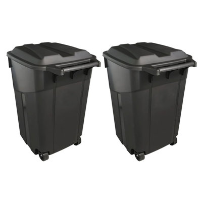 2 PCS 45 Gallon Heavy Duty Plastic Garbage Cans with Attached Click Lock Lid, 2 Built-in Rugged Wheels & Easy Grip Handle for Indoor & Outdoor Use